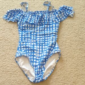 Blue and White Gingham Off-Shoulder Swimsuit